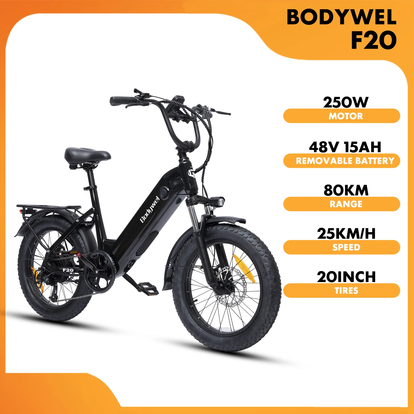 Vélo électrique Bodywel F20 pour adulte, batterie amovible 48V 15Ah, autonomie 80km, pneus larges 20 pouces, suspension 7 vitesses, vélo électrique de banlieue à cadre bas, stock UE