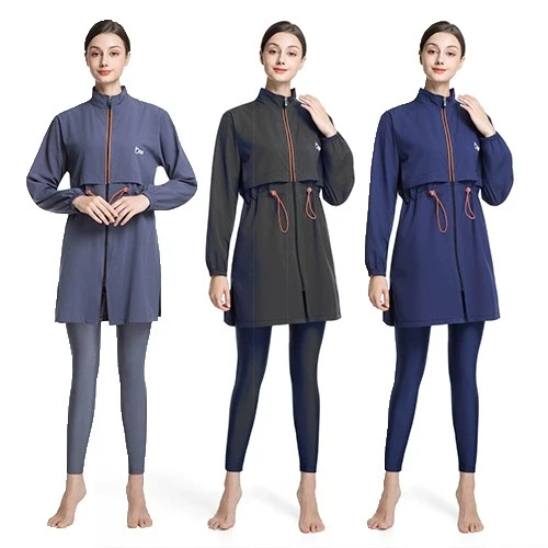 

Рамадан мусульманский купальник из трех предметов женский Ближневосточный Hui консервативный арабский сплошной цвет купальник на молнии брюки с длинными рукавами