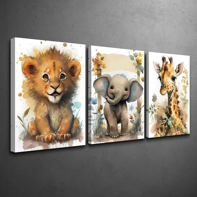 

3 Piece Wrapped Canvas Wall Art Set - Pine Wood Framed Watercolor Animals Painting, Art Deco Modern Style, Lion Elephant