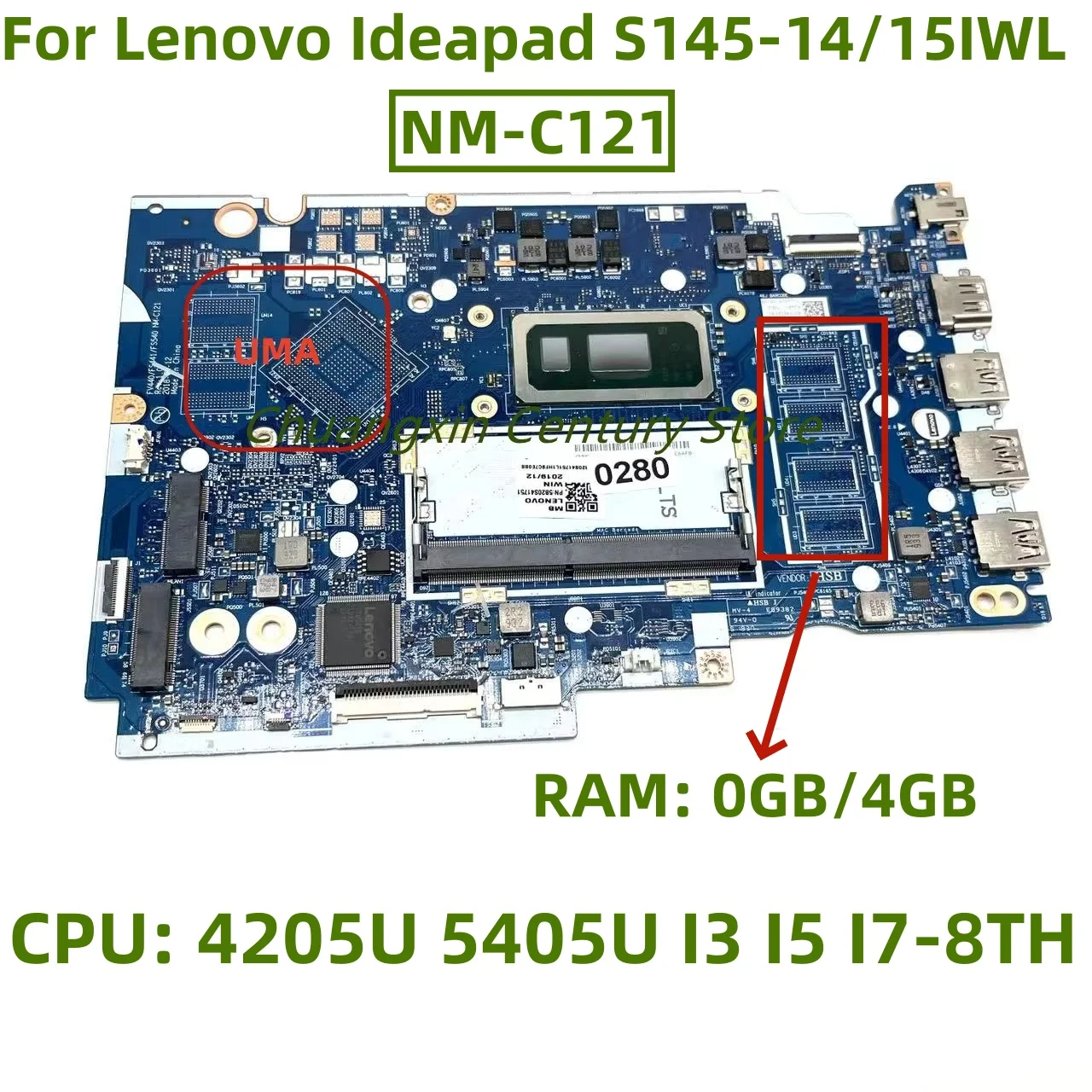 NM-C121 motherboard for Lenovo Ideapad S145-14IWL V14-IWL S145-15IWL V15-IWL with CPU: 4205U 5405U I3 I5 I7-8TH UMA RAM: 4G/8G