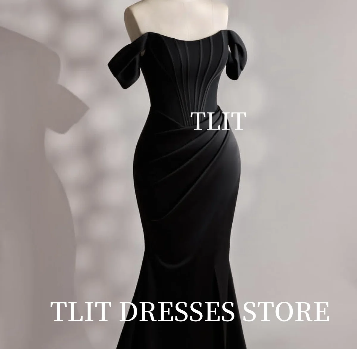 TLIT Abiti da sera eleganti in raso di seta drappeggiato nero Vestido da noite Abiti da festa formali senza spalline personalizzati con spalle scoperte