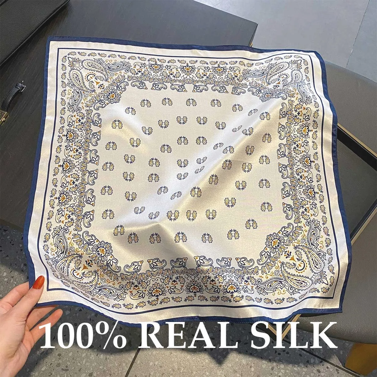 

Элитный высококачественный шарф из 100% натурального шелка для женщин, платок-бандана для шеи и волос, 53 см, квадратный, с узором пейсли, хиджаб, пончо, пашмина