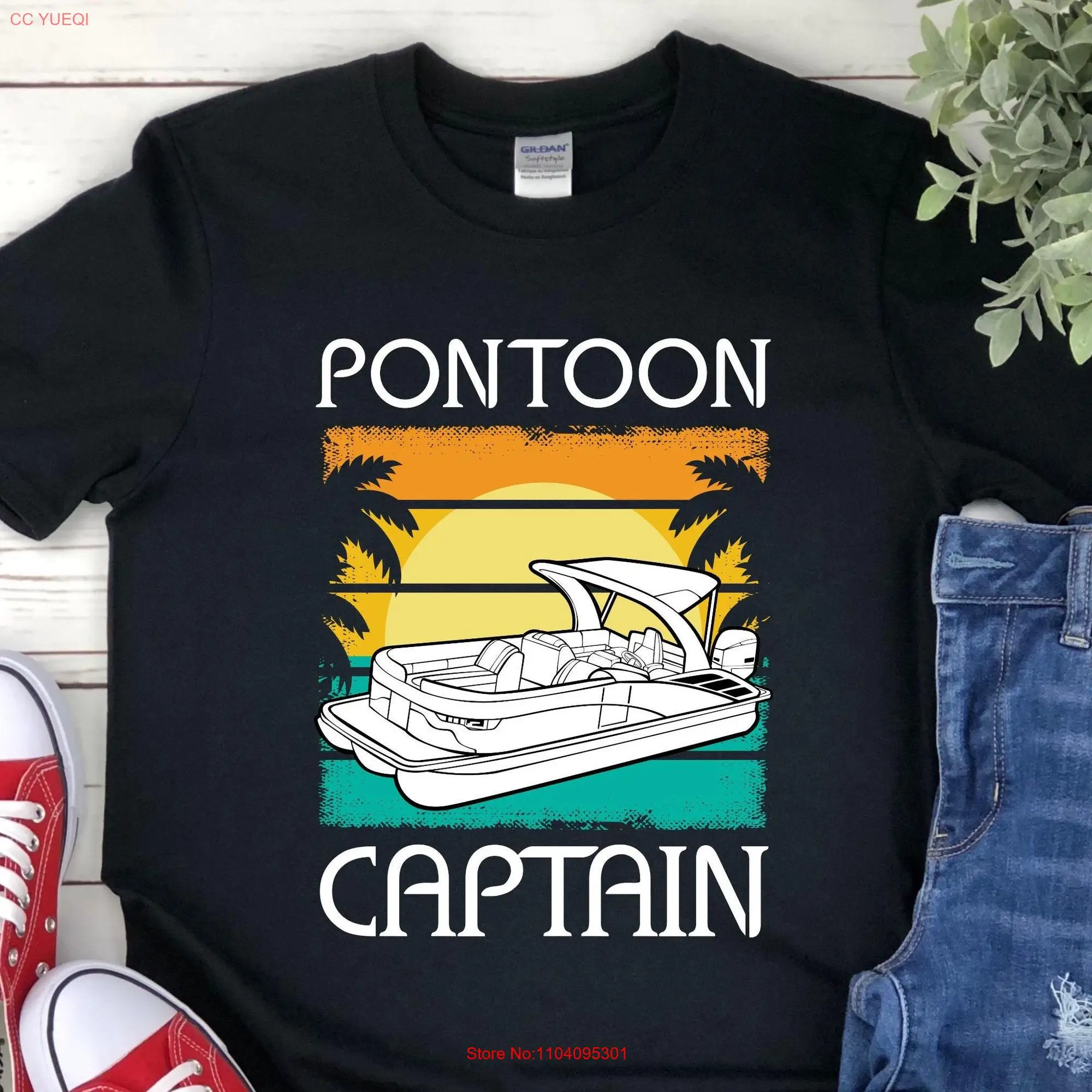 Pontoon Captoon T Shirt SailBoat Captain Boating Pontooning Definition Motorboating Retro Vintage Sea Beach Sunset