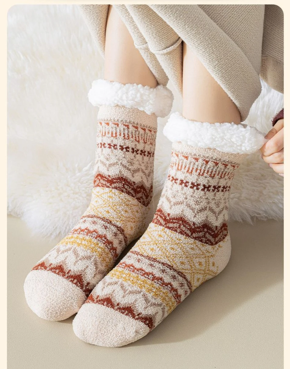Bodensocken aus Lammwolle, Herbst und Winter, Fleece, verdickt, warm, rutschfest, Silikon, Heimsocken, Röhrensocken im Ethno-Stil – Detail 3