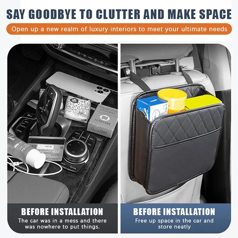 PU Leather Car Backseat Organizer Quilted Multi Pockets Large Capacity 1Pcs for Family Road Trip Storage