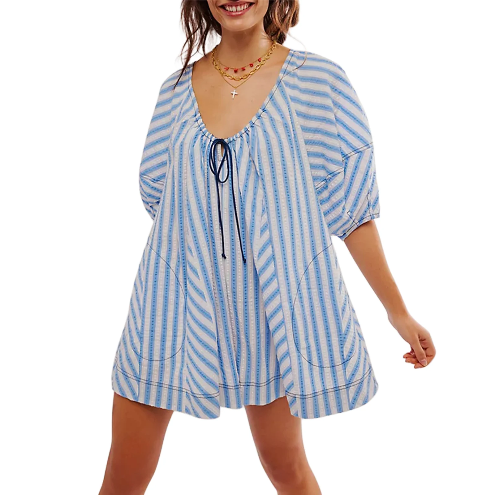 Women Billowy Romper Low Scoop Neckline Puffy Sleeves Short Jumpsuit Boho Tie Up Striped Playsuit 2024 New Female Bodysuits