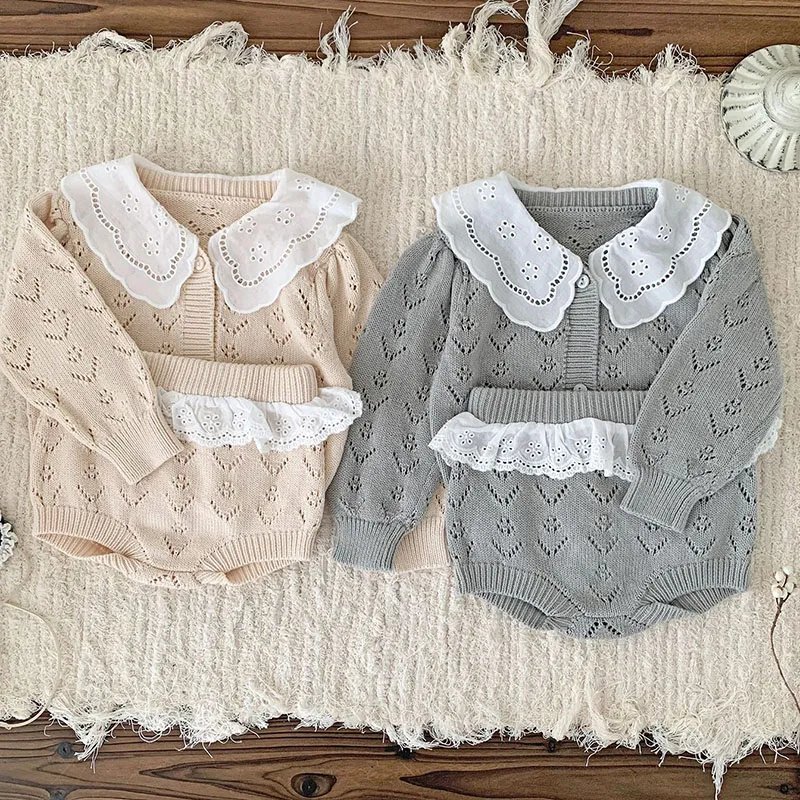 2024 New Autumn Newborn Baby Girls Clothing Set Long Sleeved Knitted Cardigan+PP Shorts Korean Style Children Clothes Suit