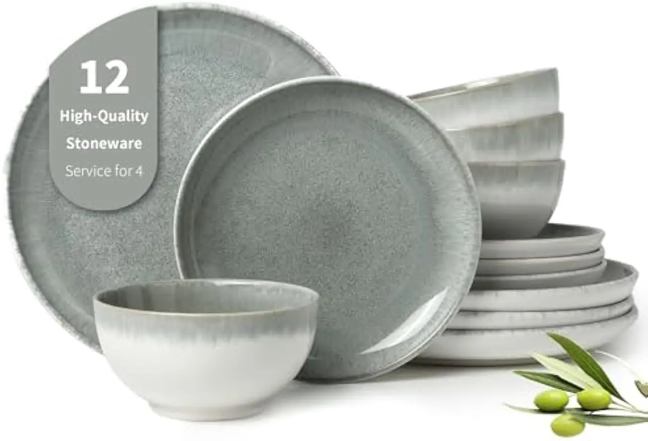 

Набор столовой посуды из 12 предметов с градиентной зеленой керамикой, керамические тарелки и миски ручной работы на 4 шт., современная посуда, устойчивая к сколам