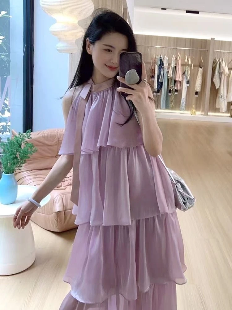 

OCEANLOVE Vestidos Mujer Ruffles Halter Purple Solid Spring Summer Elegant Women Dresses Korean Fashion Sweet Long Dress