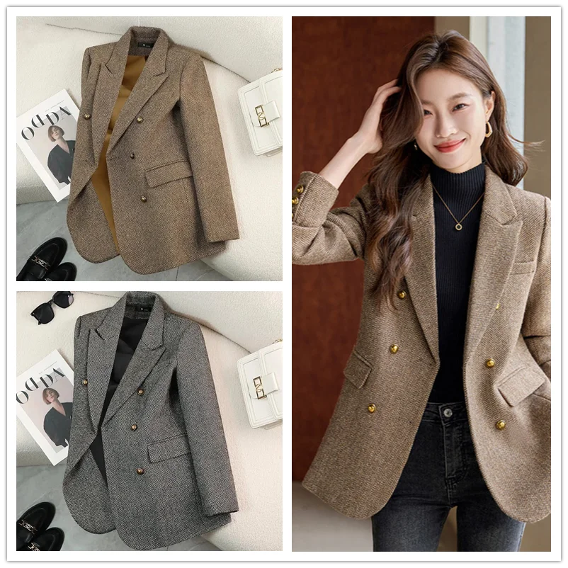 女性の秋冬長袖ブレザーコートヴィンテージ厚いウールジャケットノッチエレガントなアウターウェア女性服