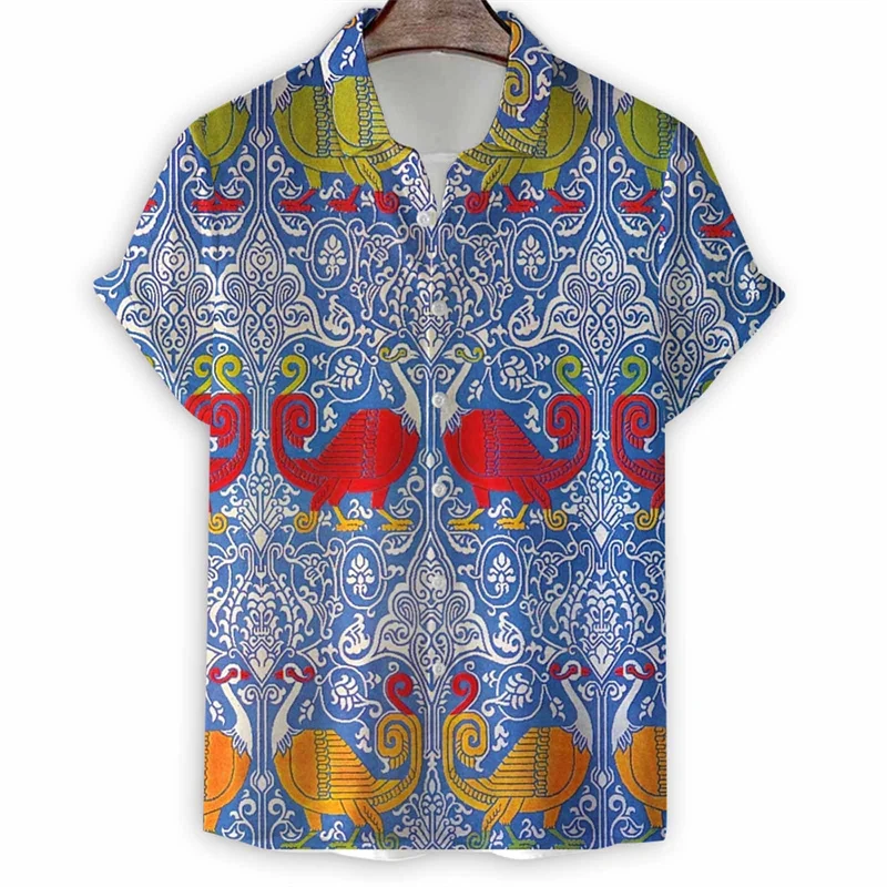 3d Print Ethnic Floral Totem Hawaiian Shirt Men Summer Vacation Short Sleeve Tees Button Shirts Tops Street Beach Lapel Blouse