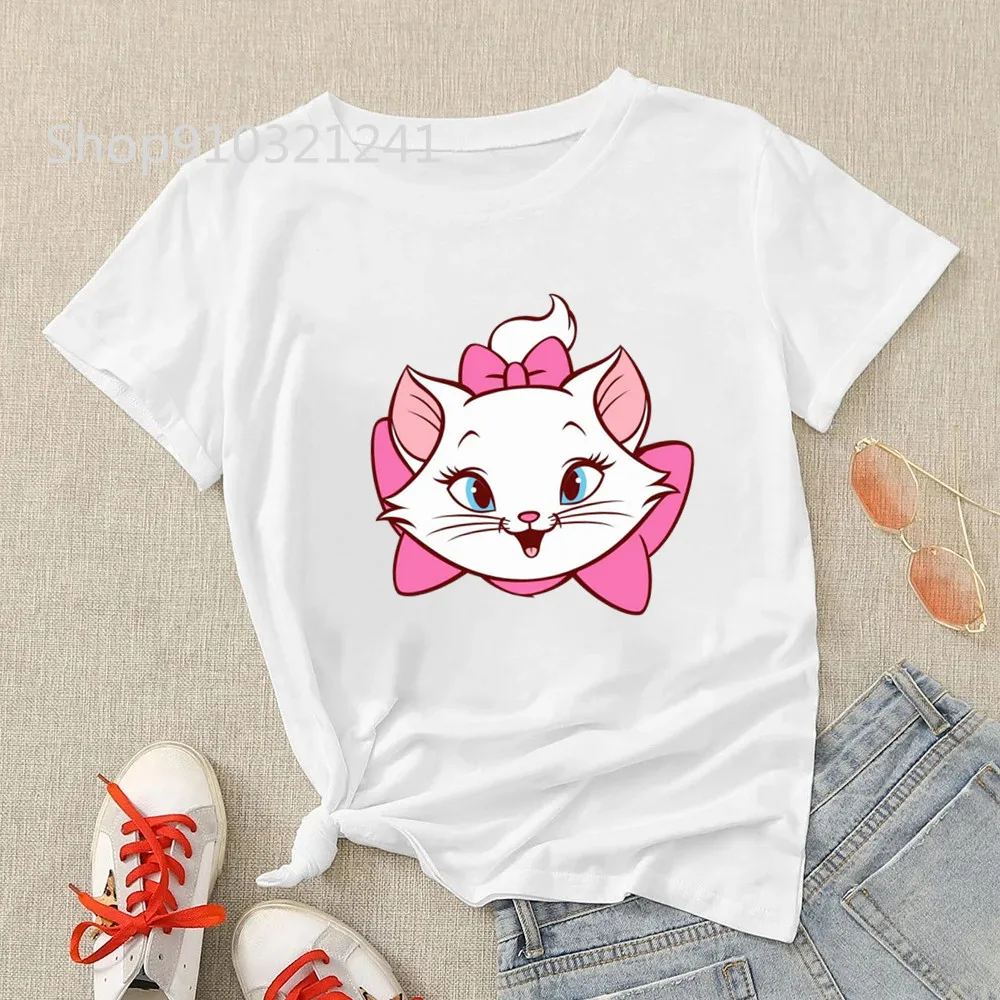 Kawaii Cat Print T Shirt Women Clothes Cute Marie Tshirt Female Animal Tees Aesthetic Top Harajuku Cartoon Femme Tshirt