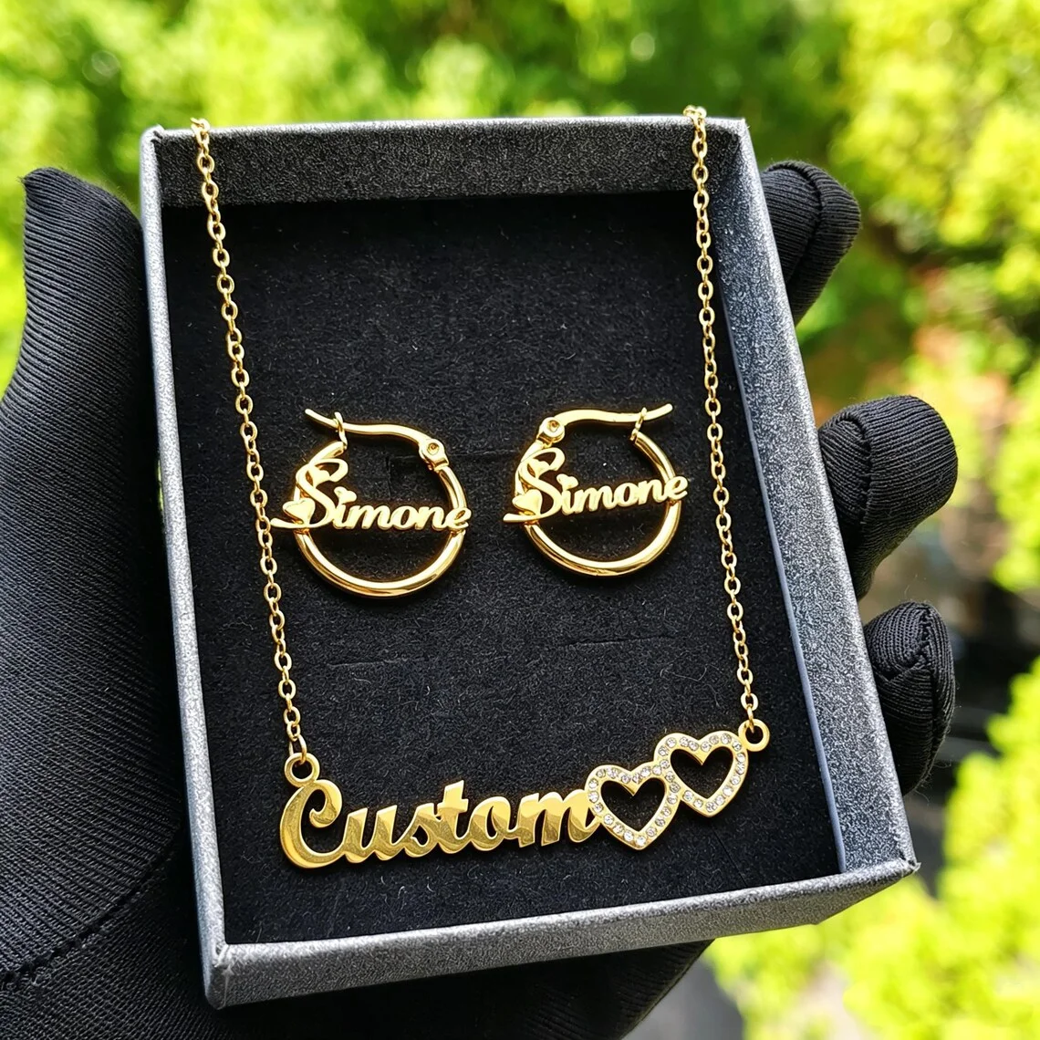 Custom Chileren's Name Necklace Earring Jewelry Set for Kid Baby Stainless Steel Custom Zircon Heart Set Birthday Christmas Gift
