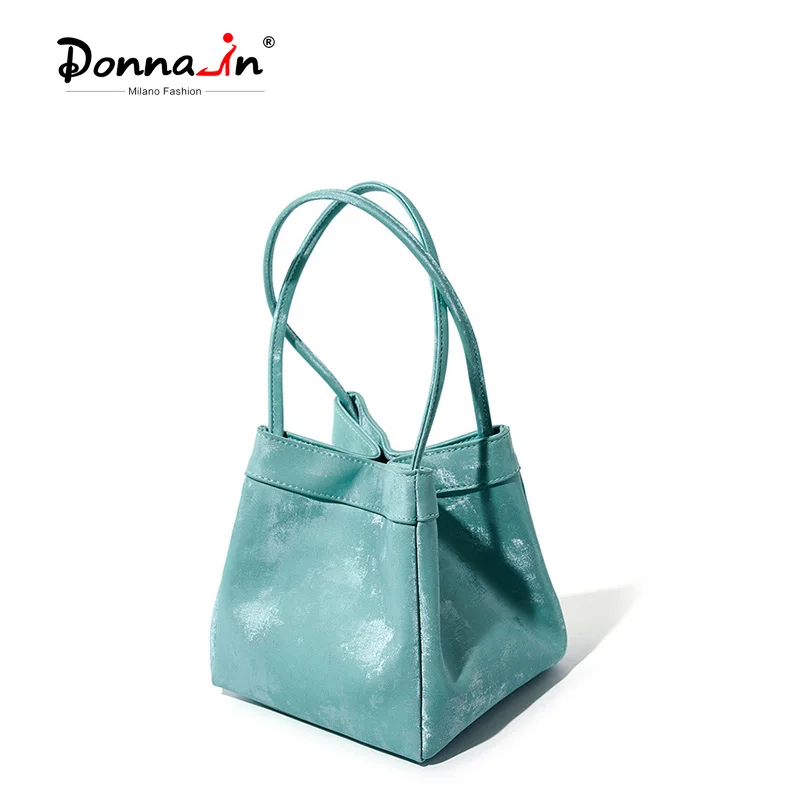 Donna-in Genuine Leather Fashion Bucket Bag Silk Cowhide for Women Square Tote Handbag Solid Trendy