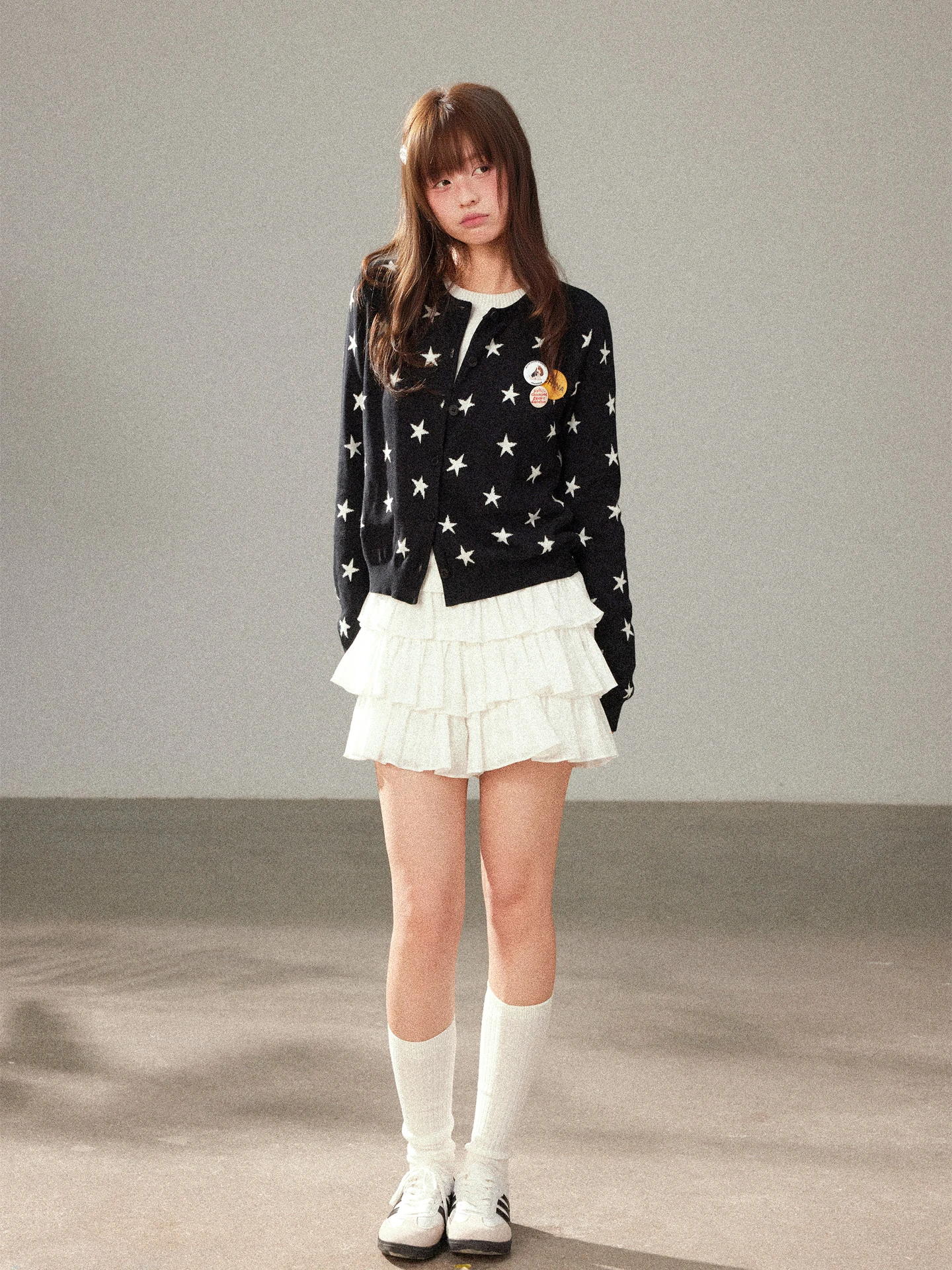 

Ltho Star Embroidery Fake Two-Piece Knitted Cardigan Women's Loose Fit Long Sve Soft Cotton Comfortable Versatile Outerwear