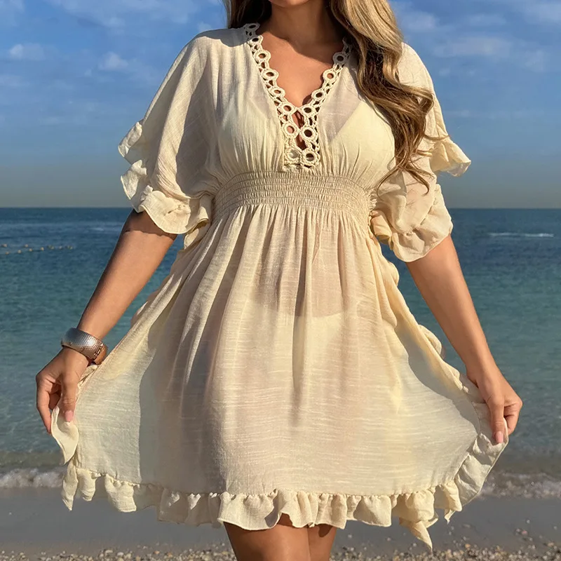 여성을위한 비치웨어 커버 업 2025 여름 파 레오 수영복 목욕 의류 속이 빈 핸드 후크 허리 Cinching Lotus Edge Seaside