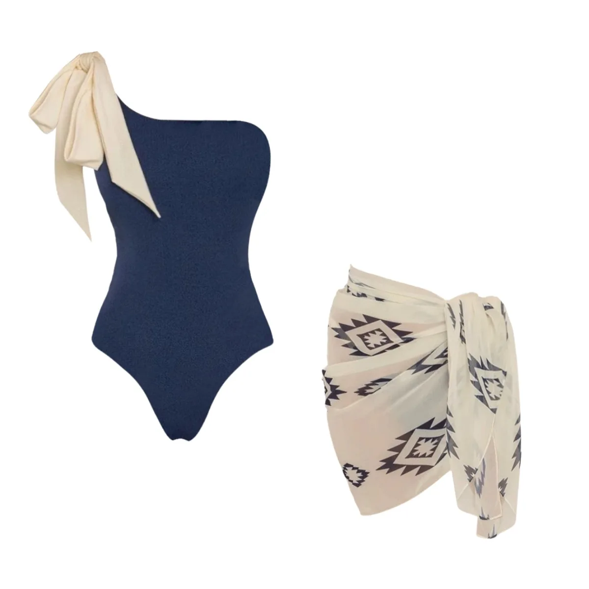 Women's Simple Solid Color Bow Single Shoulder One-Piece Swimsuit Slimming Two-Piece Set for Hot Spring Vacation New Style