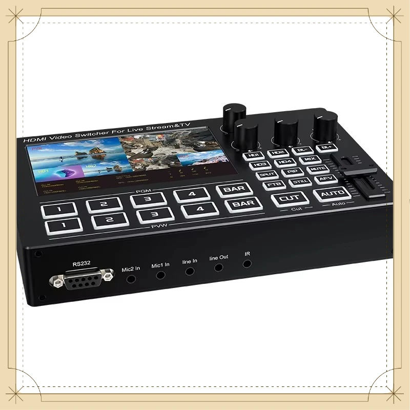 4 Channel HDMI Video Switcher 4 in 2 Out With Screen 1080P Live Streaming Mixer Mic Line In For Camera Capture Recording