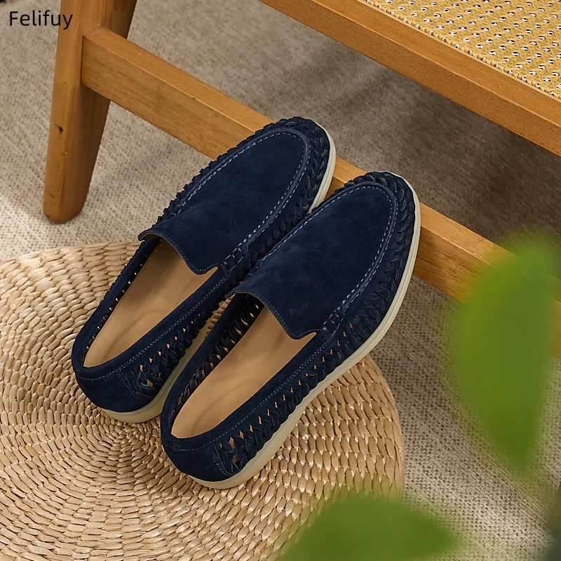 Men Shoes Casual Genuine Leather Mens Loafers Moccasins Woven Slip on Boat Shoes High Quality Chaussure Homme Plus Size 38-46