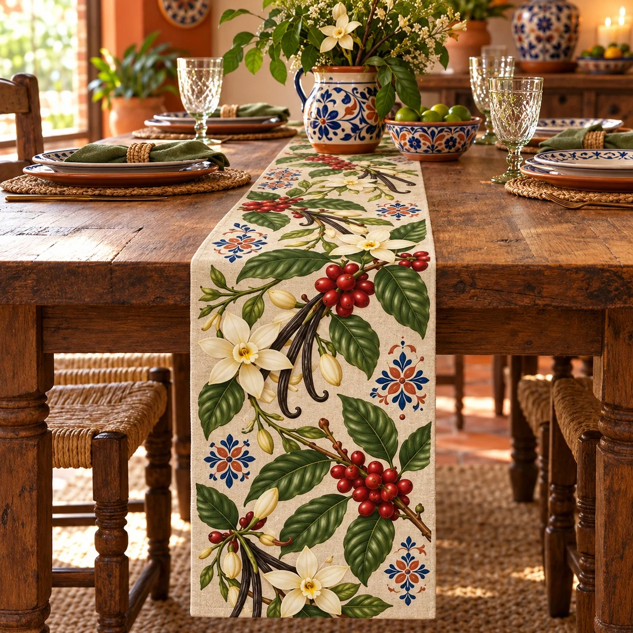 Mexican Coffee Vanilla Floral Table Runner Botanical Vintage Dining Table Decor Farmhouse Kitchen Home Party Decoration