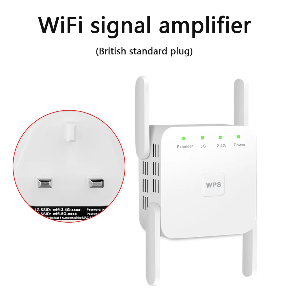 Repetidor extensor inalámbrico de doble banda 2,4 5G, amplificador WiFi de 1200M, amplificador de señal de antena con enchufe británico, punto de acceso