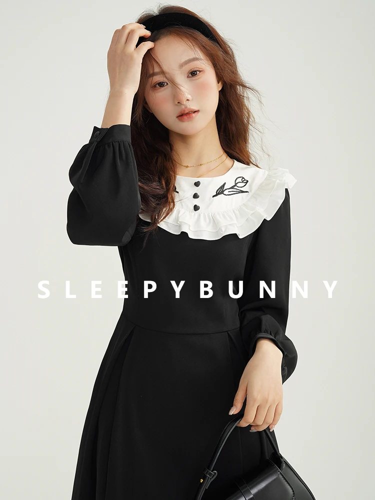 

Contrast Ruffle Collar Midi Dress Women High Waist Loose Fit Long Sleeve Dress Doll Collar A-Line Dress Daily Wear Casual Outing