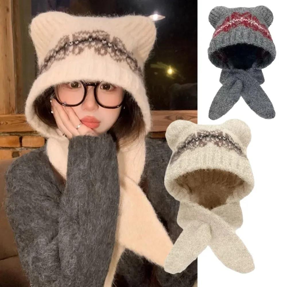 

Cat Ear Warm Knitted Hat Windproof Thickened Balaclava Hat Ear Protection Pullover Style Women's Knitted Scarf Hat