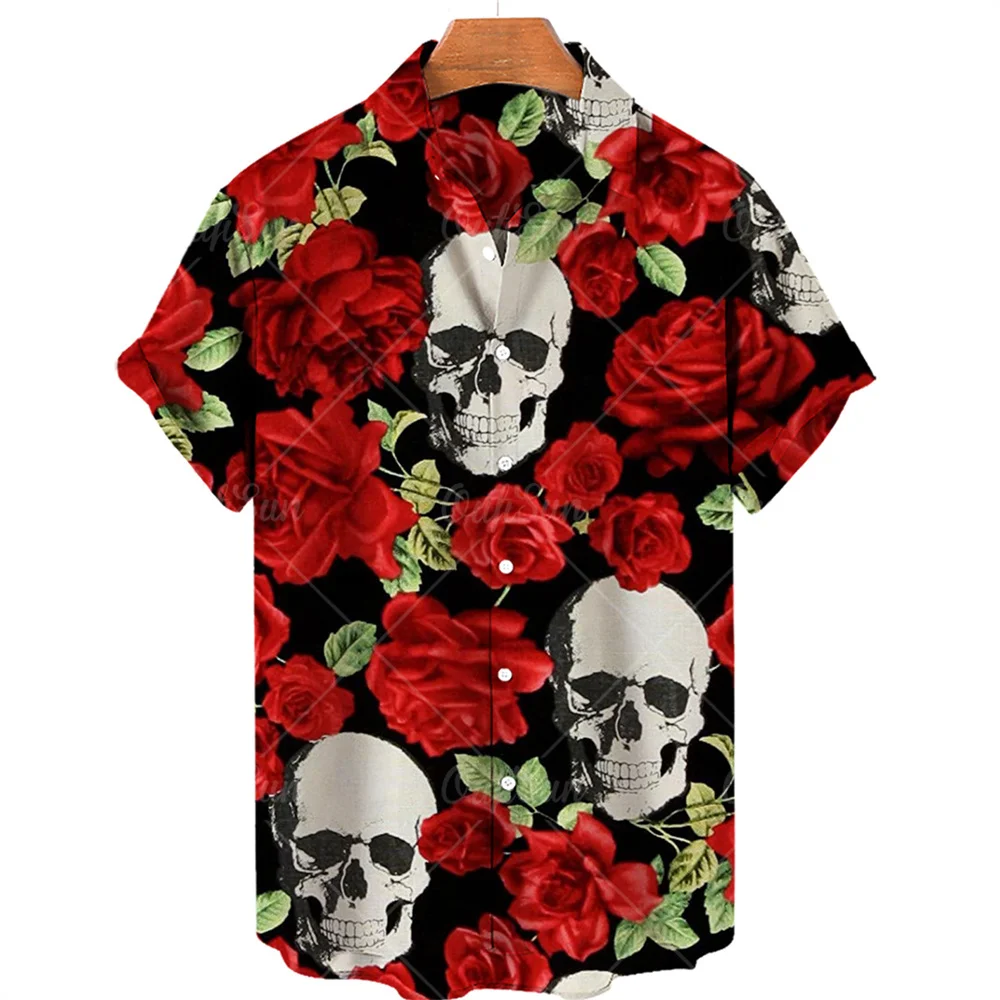 Hawaiihemd mit Totenkopf-Print, kurzärmelig, locker geschnitten, atmungsaktiv, Hip-Hop-Stil, schnelltrocknend, bequemes Herrenhemd für den Strand – Detail 14