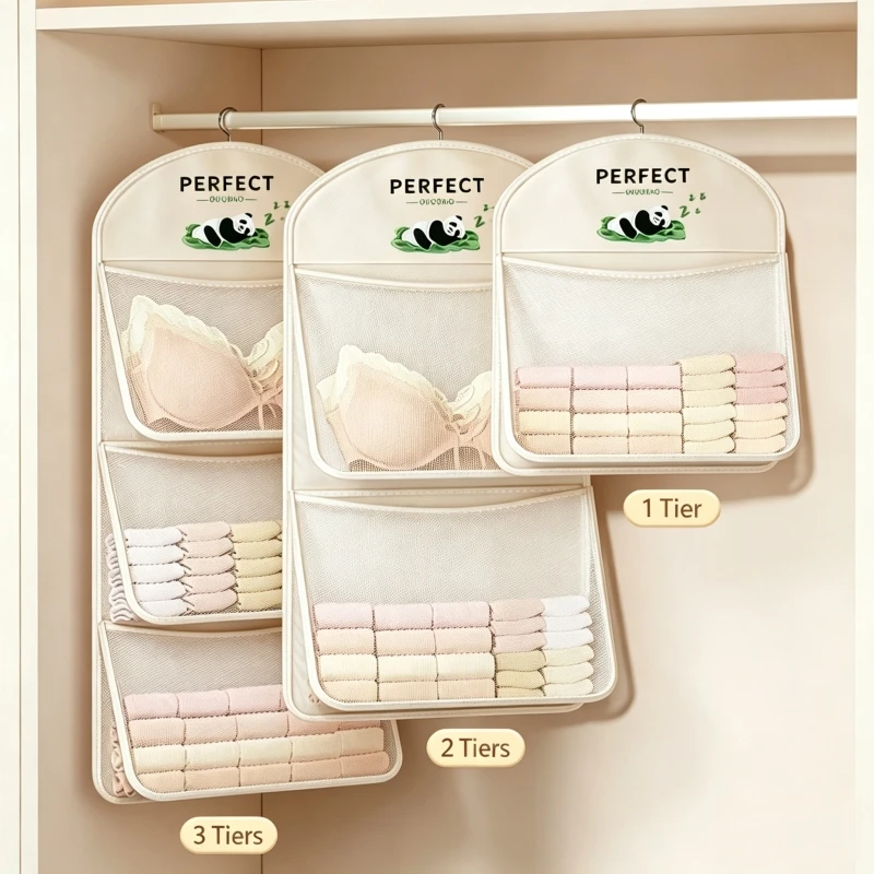 1/2/3-stöckiger Netz-Hängeaufbewahrungsbeutel, Wand- und Schrank-Organizer, Sichtbare Netztasche für BHs, Unterwäsche, Socken, Wohnheim, Zuhause, Kleiderschrank-Aufbewahrung – Detail 1