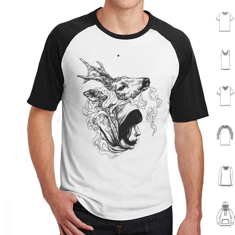 Beauty And Deer T Shirt Big Size 100% Cotton Graphic Design Balck And White Girl Deer Nature Dot Work Ink On Paper Tattoo Beauty