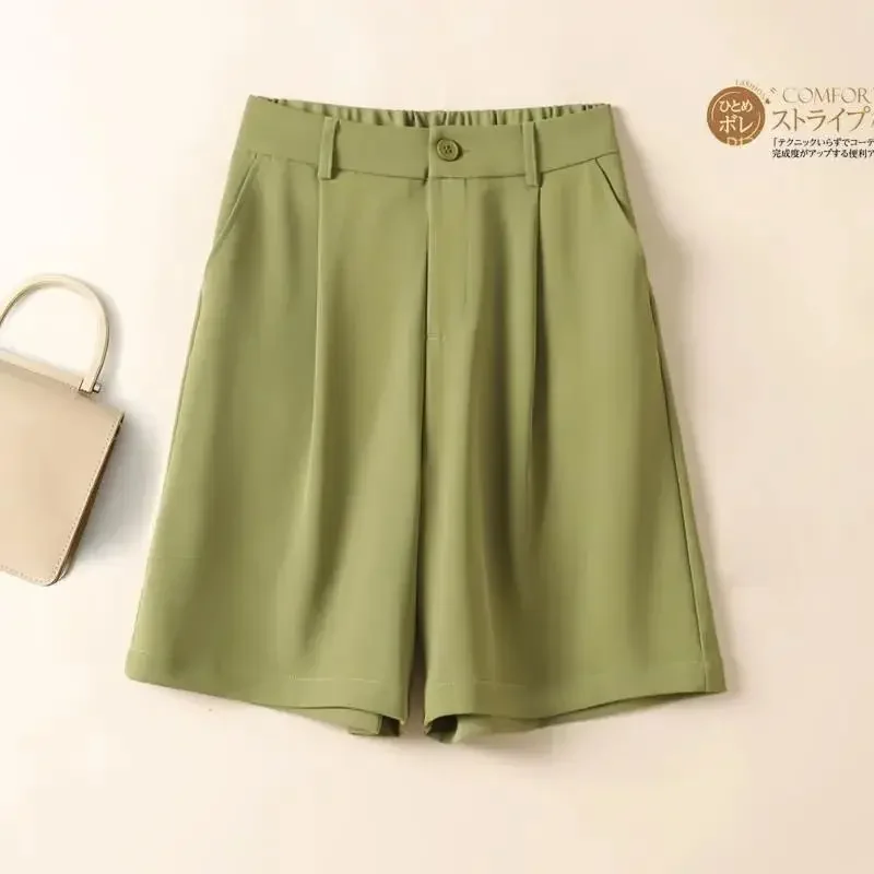 

Green Solid Casual High Waist Wide Leg Pockets Button Loose Women's Shorts Korean Fashion Summer Suit Shorts Women 2025 Summer