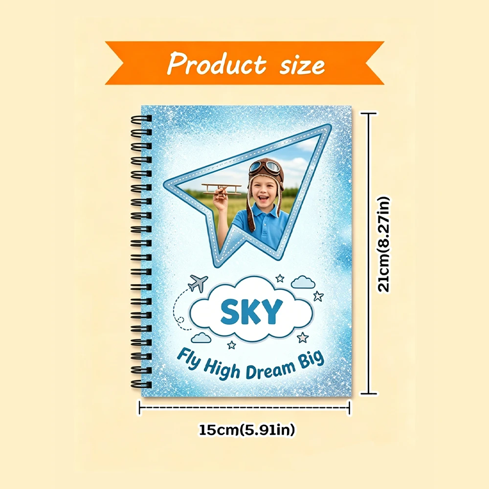 1pc Custom Photo & Name Spiral Notebook,Airplane Cloud Themed Cover,Kids Birthday Gift,School Writing Journal,Home Note Taking