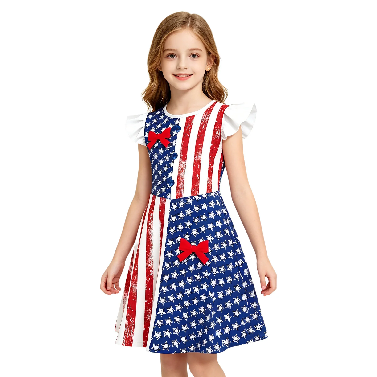 Kids Independence Day Daily Wearing Girls Star-patterned Flutter-sleeve Adorable Dress with Stripes Buttons and Bows