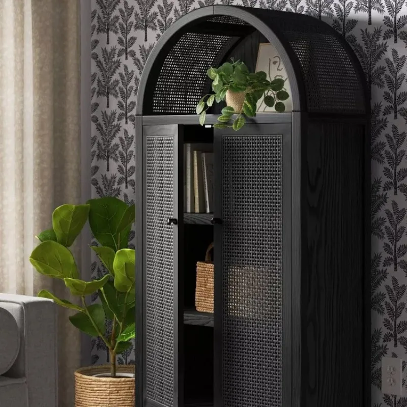 Black light luxury glass door, living room display wine cabinet, French retro homestay arched decorative cabinet