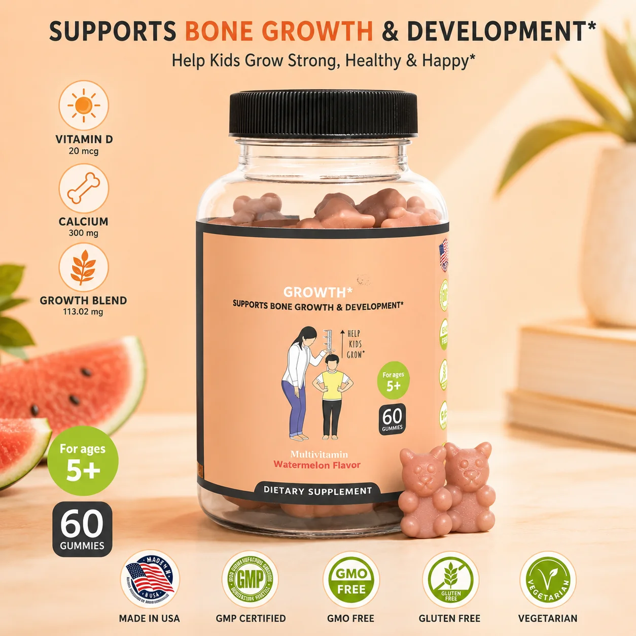 Gomitas Multivitamínicas para Niños con Calcio, Vitaminas D y K, Soporte Nutricional Diario para la Salud Ósea Infantil, 60 Gomitas