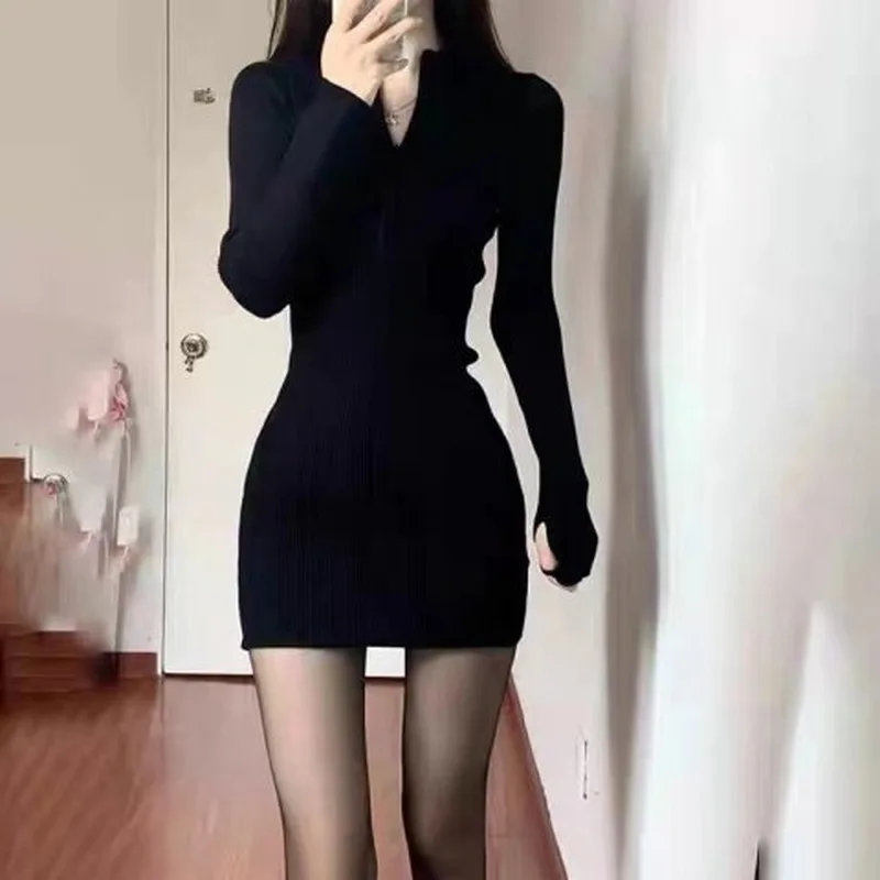 2026 new spring autumn women's fashion slim fit grey wrap hip dress ribbed one piece dress with contrast color two piece set but