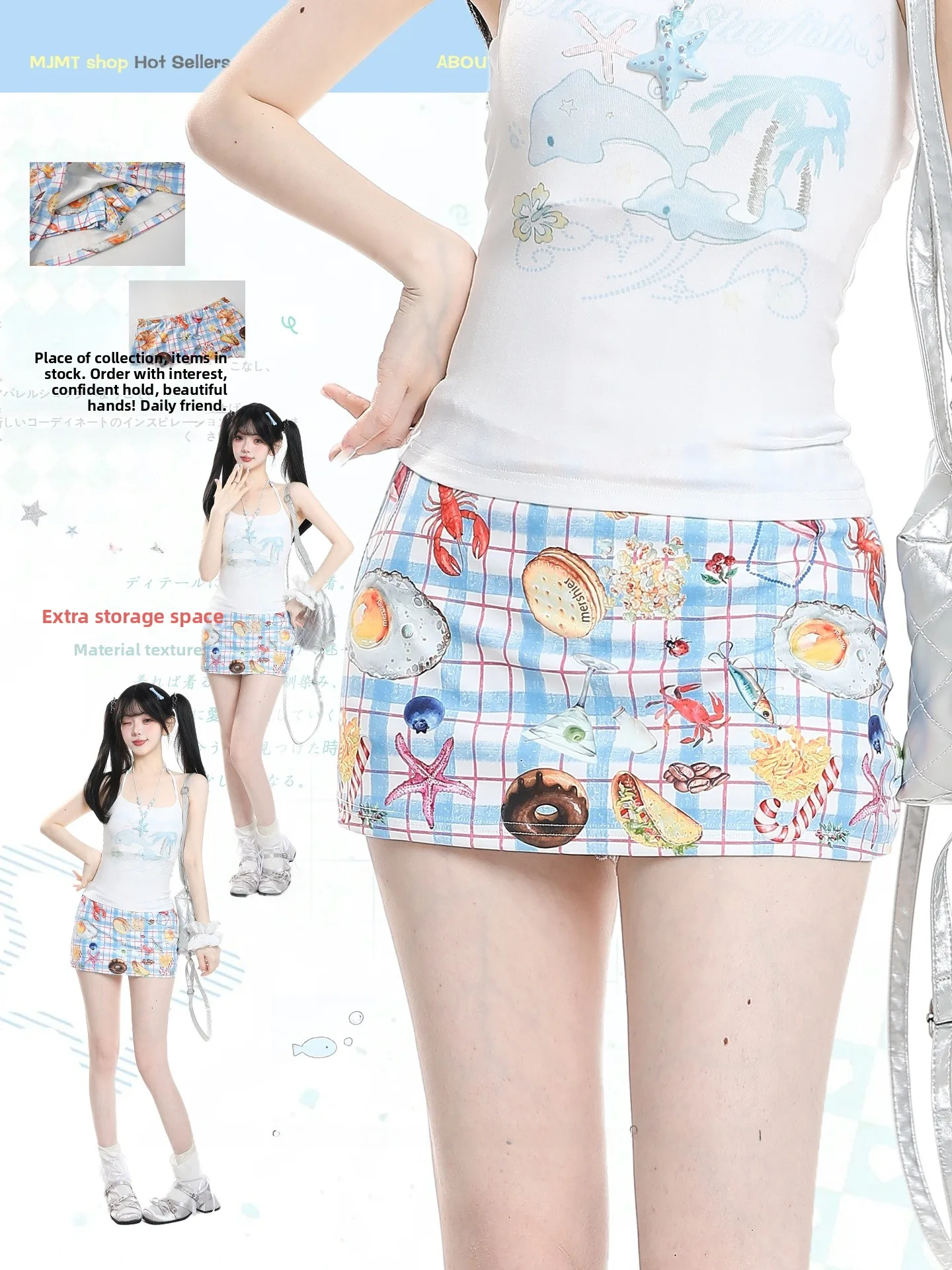 Summer Vacation Cartoon Print Plaid A-Line  Skirt High Waist Dopaamine Design Women's Skirts Casual Breathable Linen Skirt