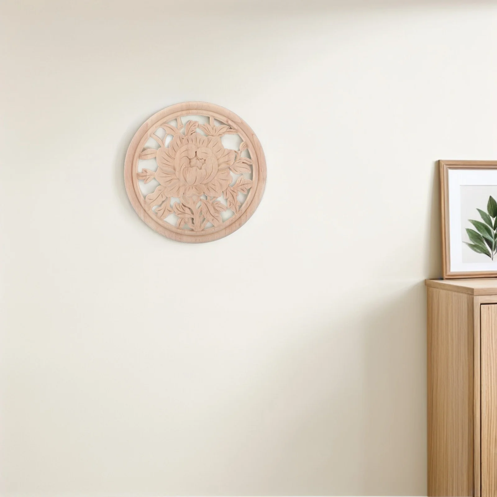 

Round Wood Appliques Unpainted Wooden Carved Peony Rose Flower Carvings Decorative Plates for Wall Cupboard Cabinet Door