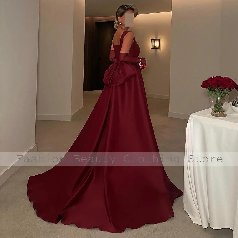 Burgundy Satin Evening Dresses for Women 2024 Square Collar Tank Elegant Evening Gowns Long A Line Big Bow Luxury Prom Dress