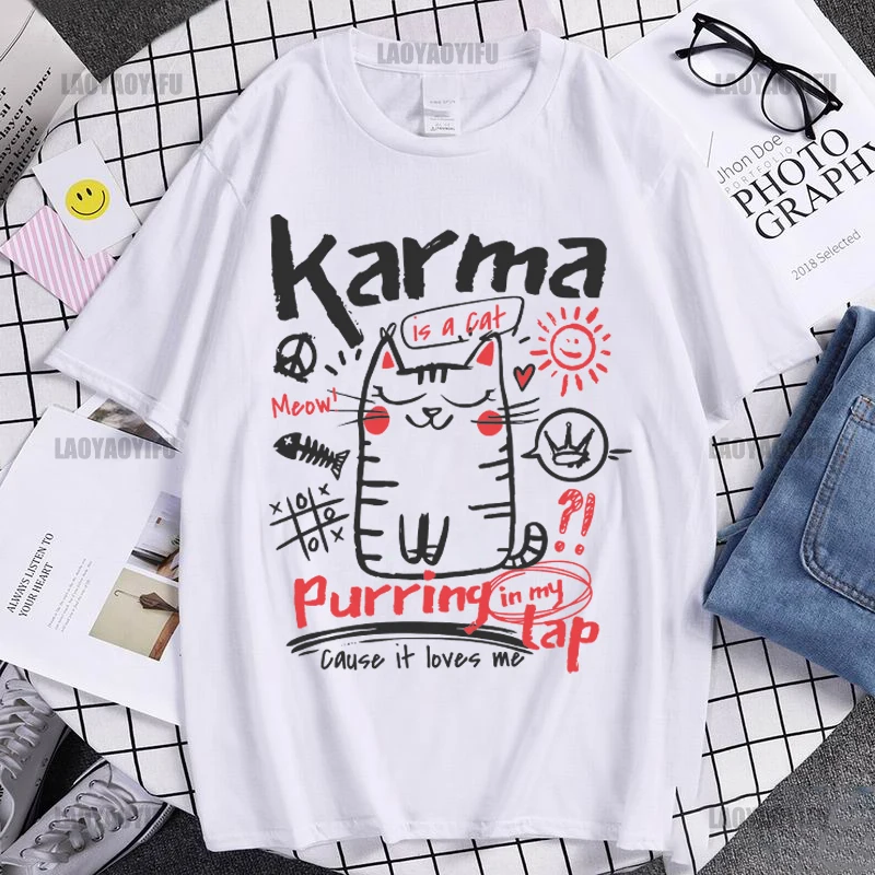 Karma Is A Cat Kawaii Printing Shirt Summer Casual Men's T-Shirt Street Fashion Short Sleeve Clothing Streetwear Funny Cotton