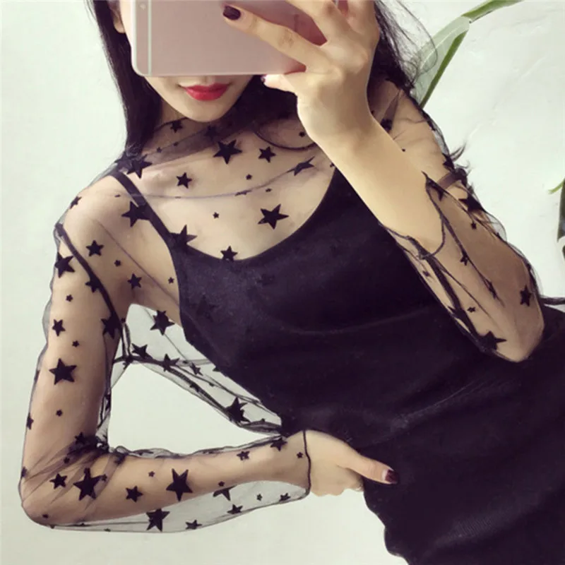 Fashion Black Sexy Women Long Sleeve See Through Mesh Sheer Party Clubwear Night Shirt Top 2023 Shirts T Shirt Lace Transparent