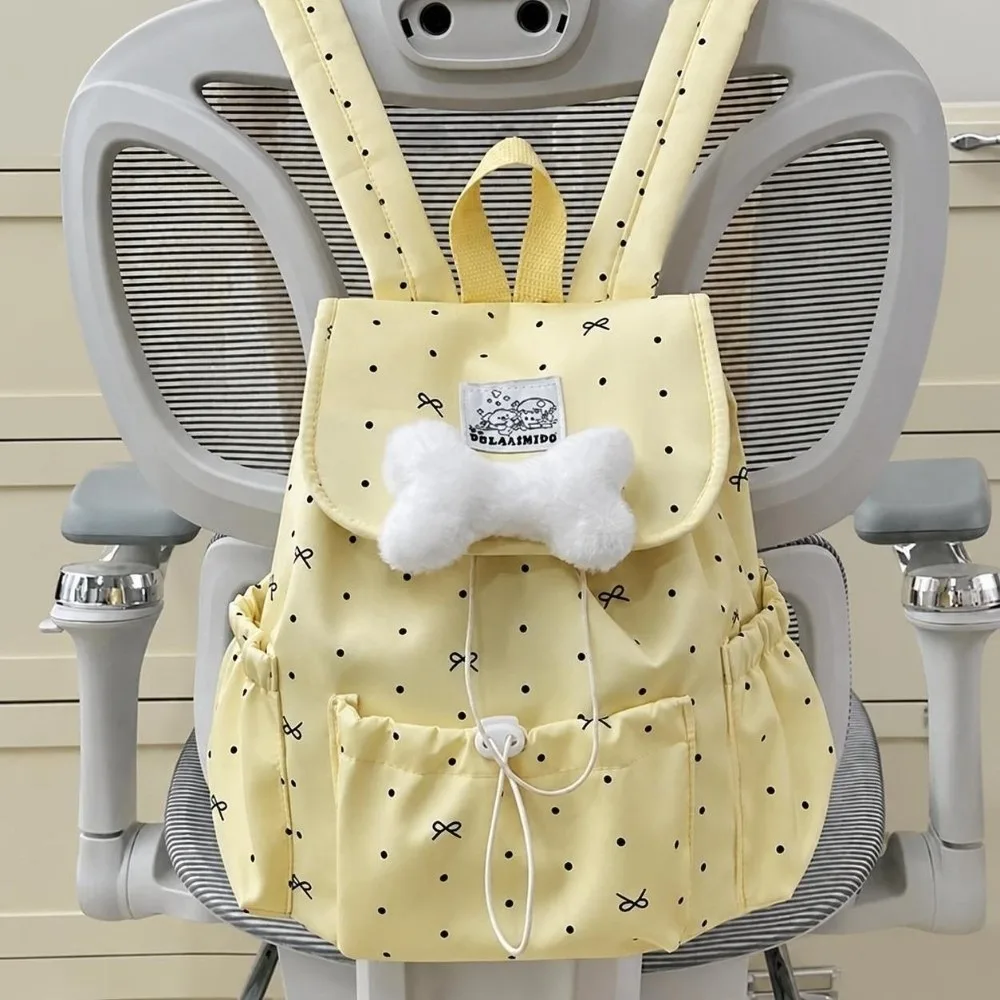 Sweet Drawstring Polka Dot Backpack Large Capacity Ultra Light Double Shoulder Bag Nylon Bowknot Commuting Backpack Women