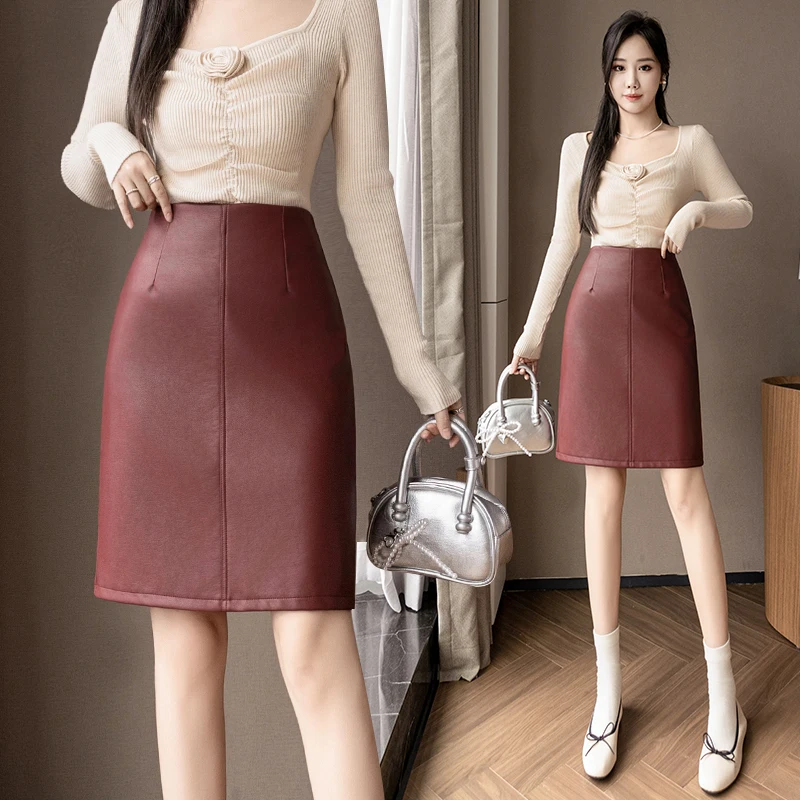Seoulish-Jupes mi-longues en cuir PU vintage pour femmes, dos fendu, taille haute, vêtements de travail, fermeture à glissière au dos, jupes crayon pour femmes, automne, hiver, nouveau, 2024