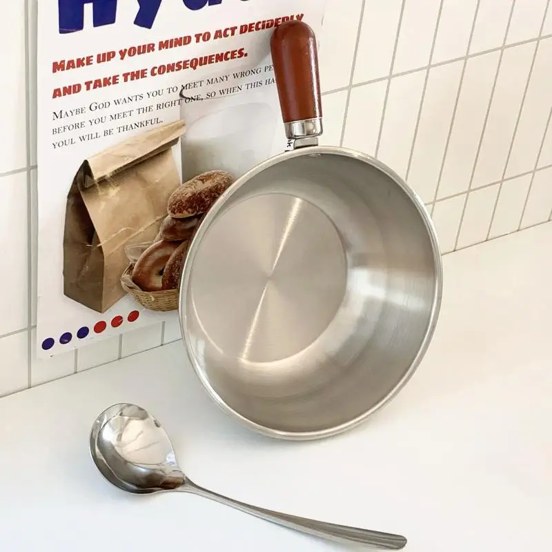Olla pequeña de acero inoxidable para fideos instantáneos, para una persona, con un aspecto de alta calidad, mango de madera, olla para aperitivos, olla pequeña para cocinar