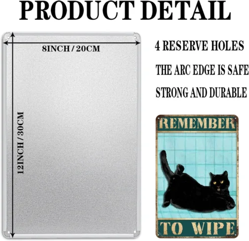 Funny Metal Sign Black Cat Tin Sign Remember to Wipe Retro Decoration Art Sign H