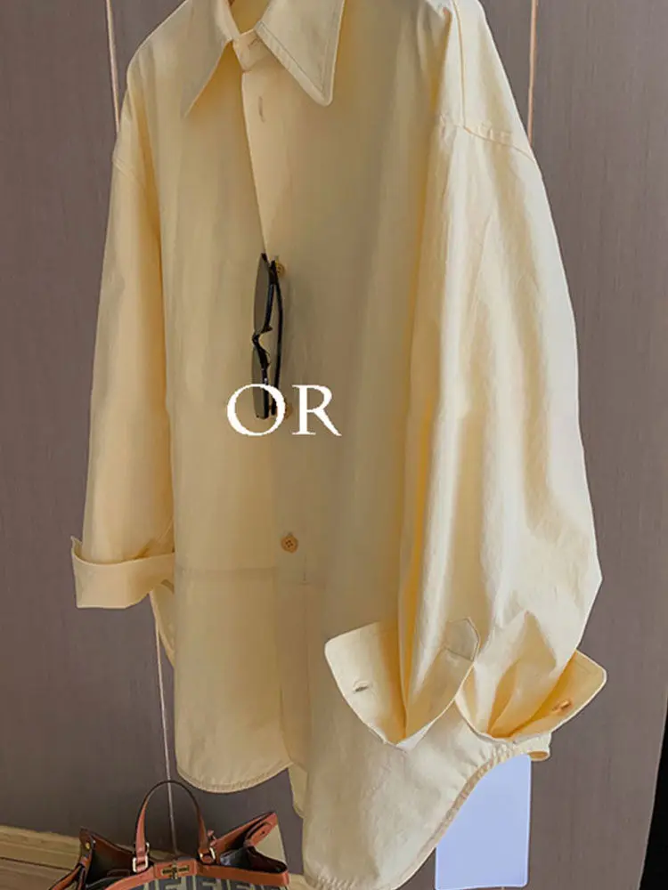 Yellow Cotton Loose Shirt For Women\'s 2024 Spring Korean Version With Design Sense Of Front Short Back Long Sleeved Top