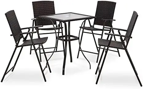 Dining Table and Folding Chairs, Metal Frame Patio Wicker Furniture Set with Square Glass Table Top, for Lawn, Deck, Garden