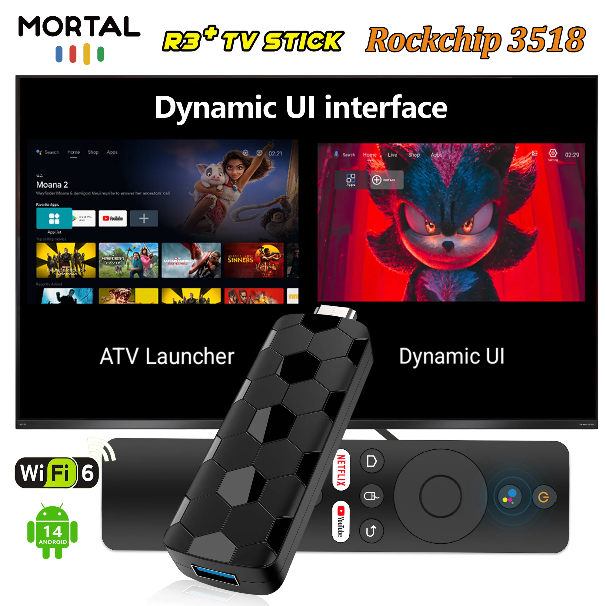 Mortal R3+ TV stick WIFI6 Voice Control Free Live TV Streaming TV stick 8K HDR Android 14 Rockchip RK 3518 Netflix YouTube