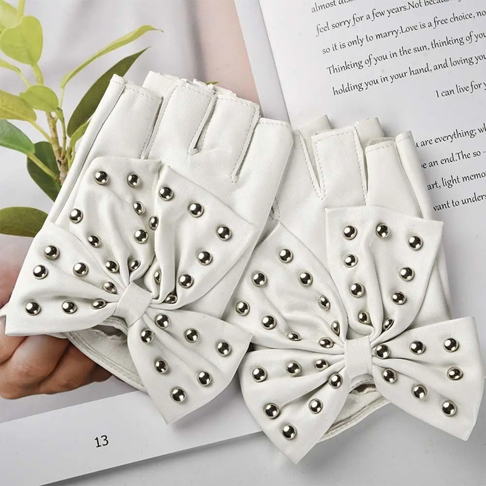 2024 Fashion Fingerless Gloves Women\'s PU Leather Gloves Ladies Luvas Dancing Party Show Big Bow Rivet Half finger Mittens