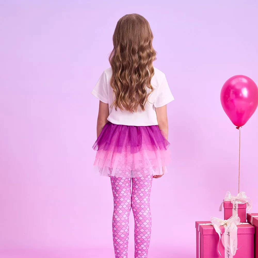 VIKITA Girls Pants with Tulle Mesh Skirts Kids Mermaid Print Polyester Princess Leggings Girls Pink Skinny Fake 2 Pcs Trousers